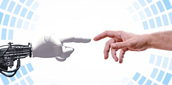 A robotic finger and human finger pointing at each other, symbolizing the collaboration between AI and humanity.