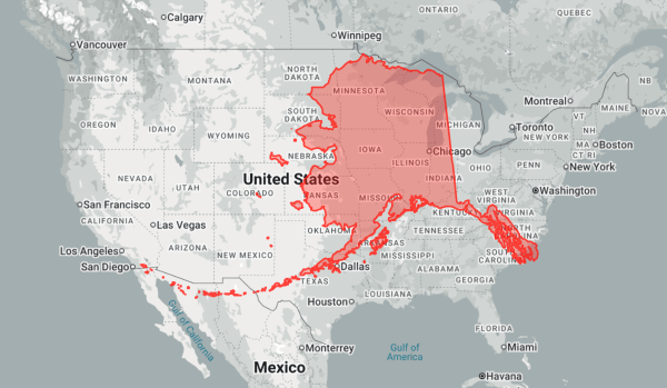 Map showing the true size of Alaska compared to the contiguous United States, highlighting how much larger Alaska is than it appears on standard maps.