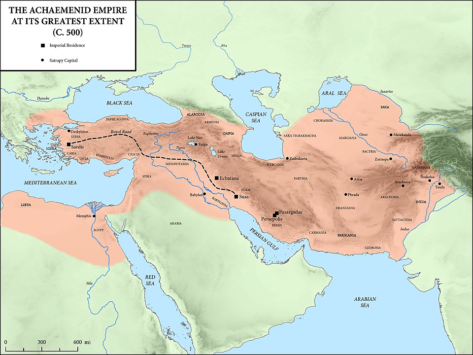 Map showing the Achaemenid (Persian) Empire at its greatest territorial extent under Darius I and Xerxes, spanning from the Balkans and Egypt in the west to the Indus Valley in the east.