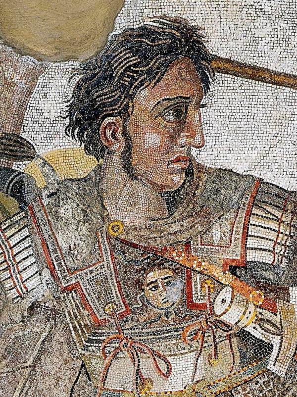 Mosaic depiction of Alexander the Great on horseback wearing a plumed helmet, based on the Roman “Alexander Mosaic” from Pompeii.