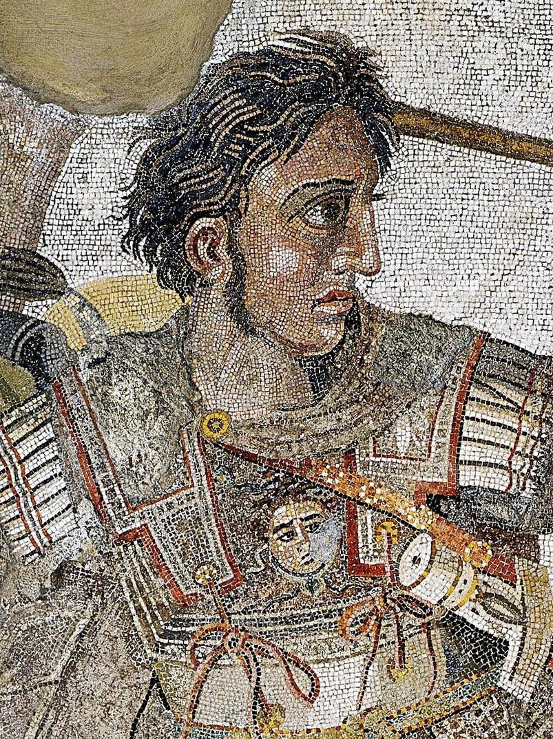 Mosaic depiction of Alexander the Great on horseback wearing a plumed helmet, based on the Roman “Alexander Mosaic” from Pompeii.