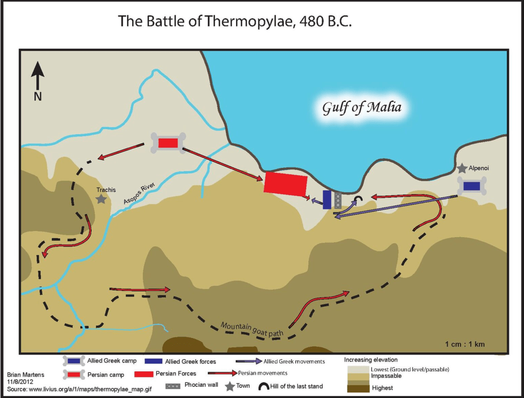 Diagram map showing troop positions and movements in the Battle of Thermopylae (480 BCE) between Greek defenders and the Persian army.