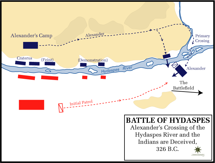 Map showing Alexander the Great’s crossing of the Hydaspes River and ensuing battle movements against King Porus’s forces.