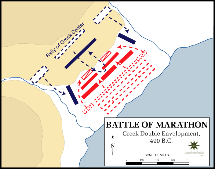 Graphic showing Greek hoplite wings enveloping the Persian forces at Marathon.