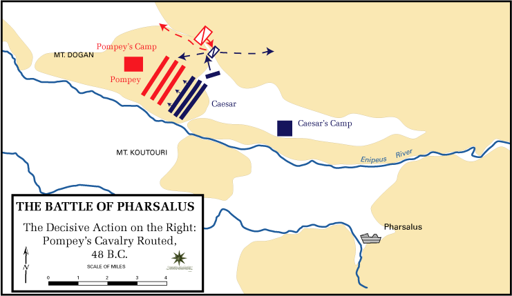 Simplified battle map of the Battle of Pharsalus, 48 BCE, showing troop formations and positions during Caesar’s decisive victory in the Roman Civil War. (public domain)