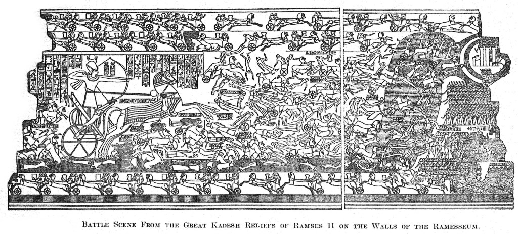 Black-and-white photograph of a carved relief showing chariots and soldiers fighting at the Battle of Kadesh from the Ramesseum.