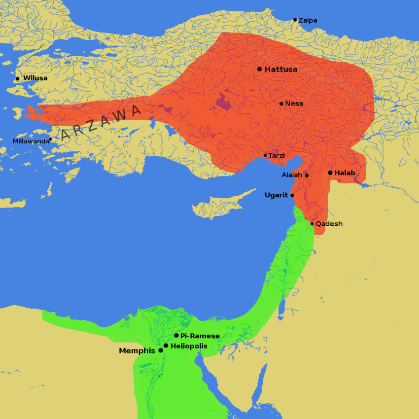 Map showing the Egyptian Empire (green) and the Hittite Empire (red) around the eastern Mediterranean at the time of the Battle of Kadesh.