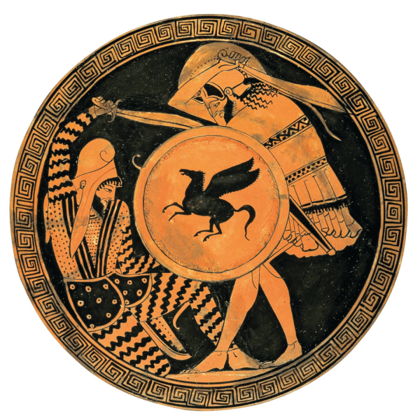 Detail from an Attic red‑figure ceramic kylix (c. 460 BCE) showing a Greek hoplite killing a fallen Persian soldier.