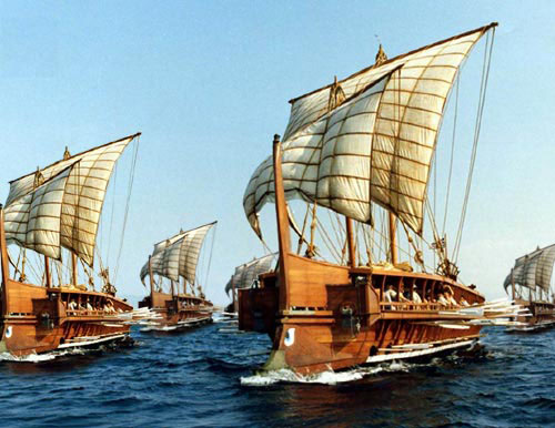 Illustration of ancient Greek warships (triremes) with multiple rows of oars in battle formation.