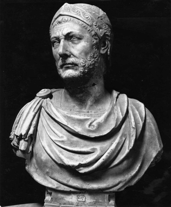 Photograph of a marble bust of Hannibal Barca, the Carthaginian general, found at Capua and now in Museo Nazionale, Naples.