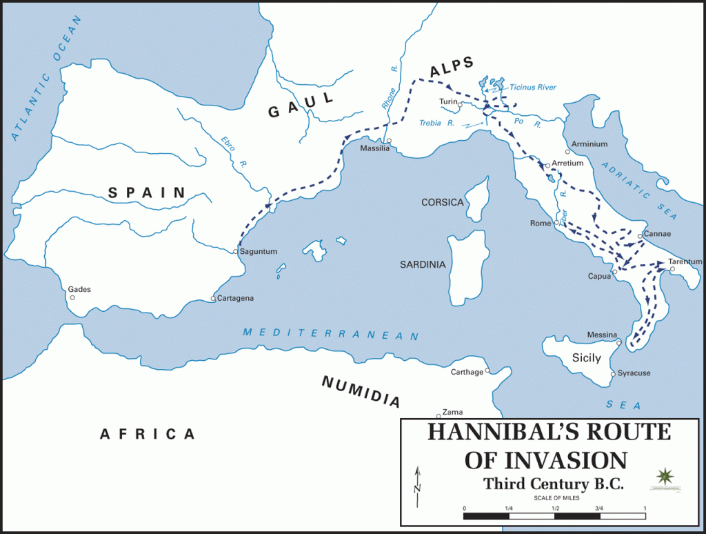 Historical map of Hannibal’s route from Carthage through the Alps into Italy during the Second Punic War.