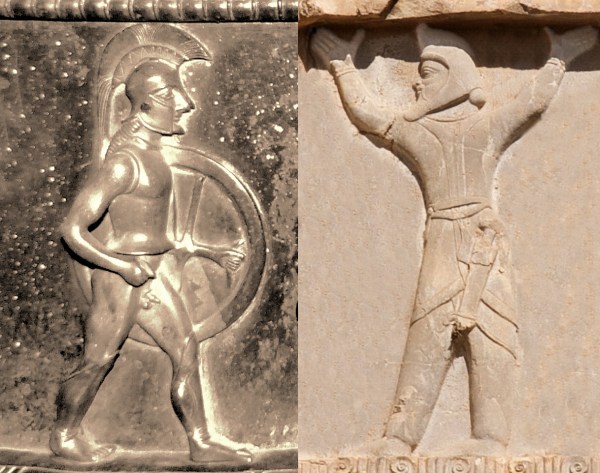 A reconstructed image showing a Greek hoplite (circa 500 BCE) and a Scythian soldier from the Achaemenid Persian army (circa 480 BCE) in typical armor and pose.