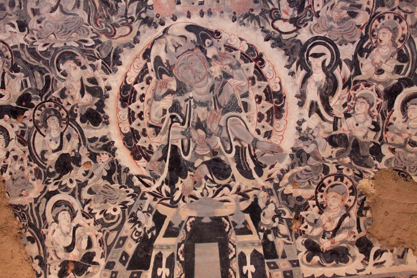 Chinese mural of a bodhisattva from Mogao Caves, Dunhuang, showing strong Central Asian influence, as well as the characteristics of Central Asian Mahayana Buddhism during this time.