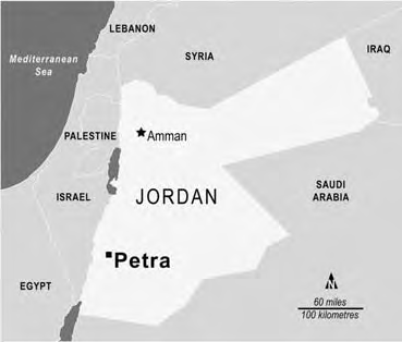 Map of Jordan highlighting Petra in the southern region, near Wadi Musa.