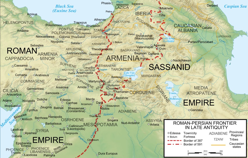 Map showing the frontier between the Roman/Byzantine Empire and the Sassanid Persian Empire in Late Antiquity (4th–7th centuries CE), marking key border zones, provinces, and frontier cities.