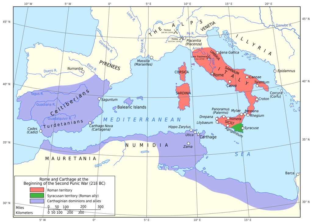 Map showing the territories of Rome and Carthage at the start of the Second Punic War in 218 BC.