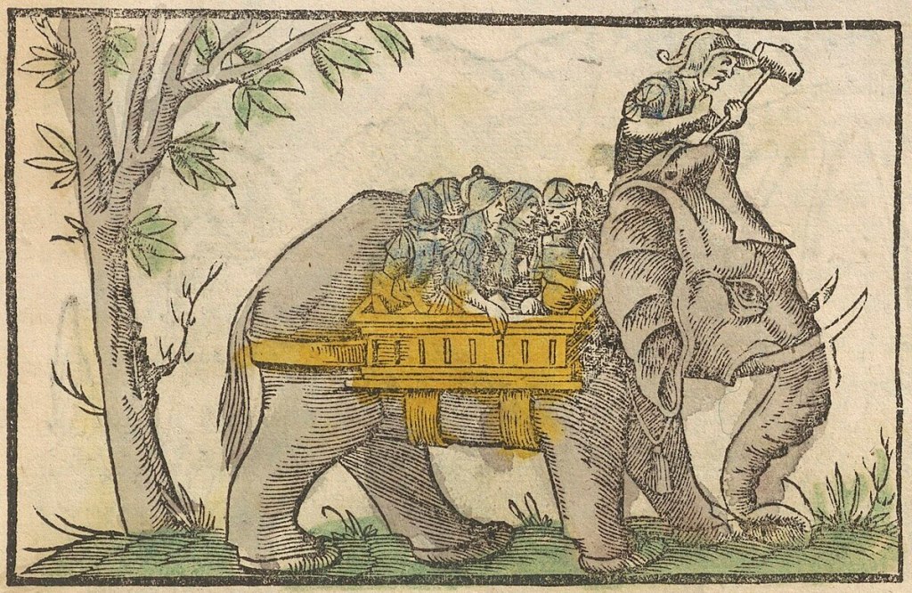 Illustration of ancient war elephants and cavalry in battle formation, from a 1550 woodcut in Cosmographiae Universalis, depicting King Porus’s forces.