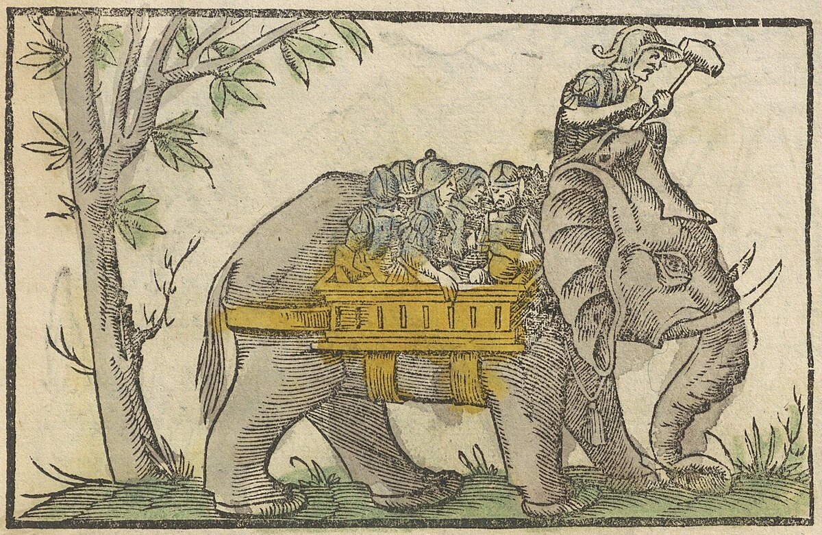 Illustration of ancient war elephants and cavalry in battle formation, from a 1550 woodcut in Cosmographiae Universalis, depicting King Porus’s forces.
