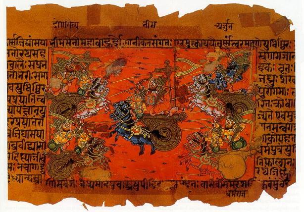 A traditional mural depicting the Kurukshetra War from the Mahābhārata, showing warriors and chariots amid the epic battlefield.