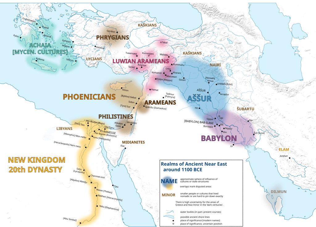 Map of the Ancient Near East around 1100 BC showing major states and shifting powers such as the Middle Assyrian Empire, Egypt’s New Kingdom, the fall of Elam, and the rise of Phoenician colonization.