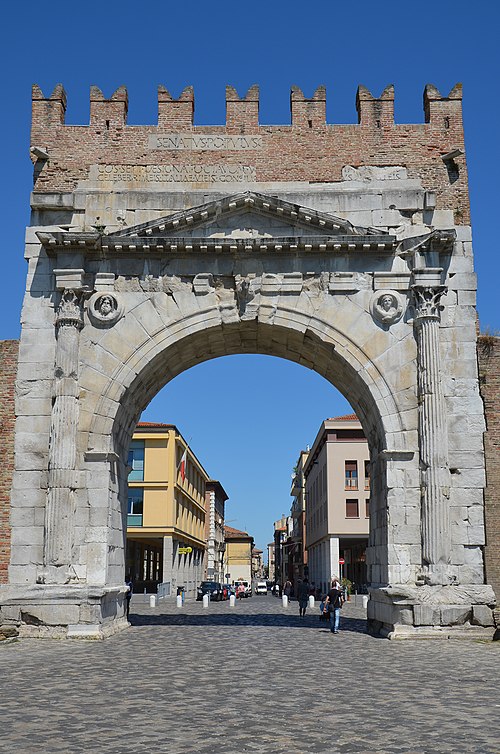 Arch of Augustus at Ariminum (Rimini, Italy), a Roman triumphal arch dedicated to Emperor Augustus in 27 BC.