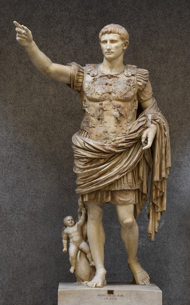 Augustus of Prima Porta, a marble statue of the first Roman emperor Augustus standing in military garb with a raised arm.