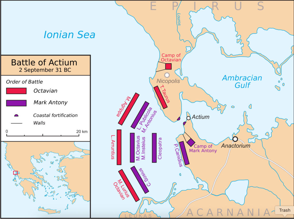 Map showing fleet positions in the Battle of Actium (2 September 31 BC), with Octavian’s and Mark Antony’s forces in the Ionian Sea.