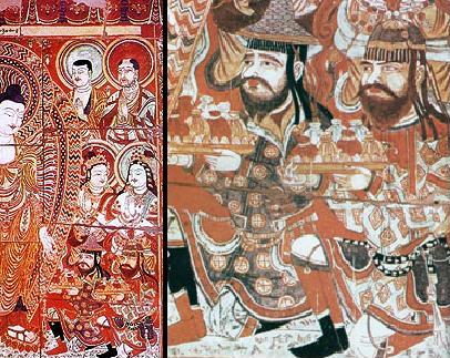 9th‑century Bezeklik Thousand Buddha Caves fresco showing two Sogdian men in silk robes, representing Sogdian merchants depicted in Central Asian Buddhist art.