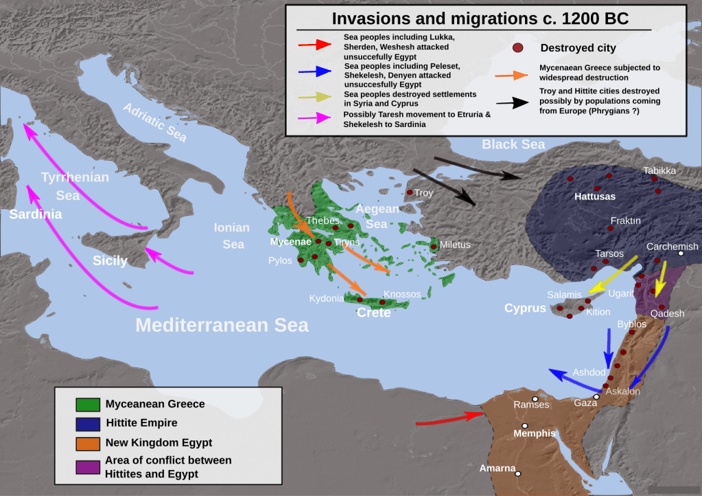 Map illustrating migrations, invasions, and destructions across the Eastern Mediterranean at the end of the Bronze Age (c. 1200 BC).