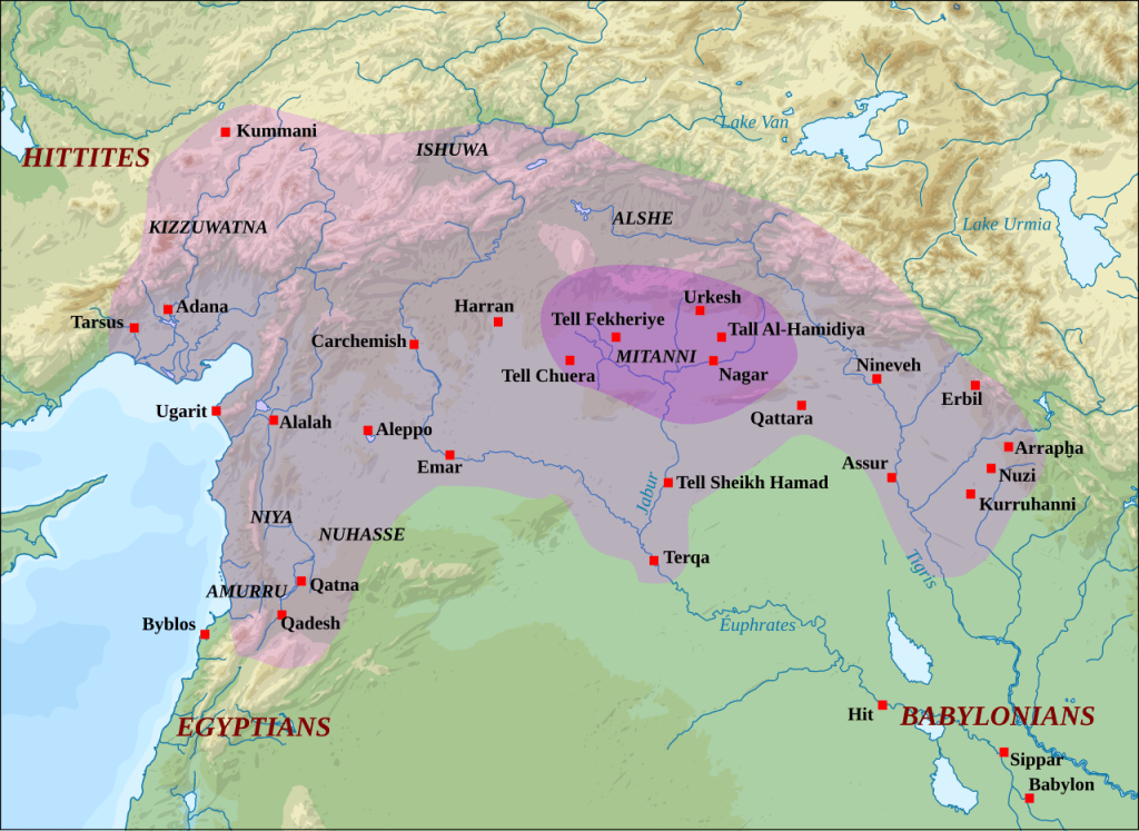 Map showing the kingdom of Mitanni at its greatest extent in the Late Bronze Age, with the heartland and expanded borders highlighted, and major cities and archaeological sites labeled within northern Mesopotamia and surrounding regions.