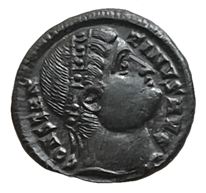 Ancient Roman coin (follis) showing Emperor Constantine the Great with his eyes raised toward the heavens, commemorating his legendary vision before the Battle of the Milvian Bridge.