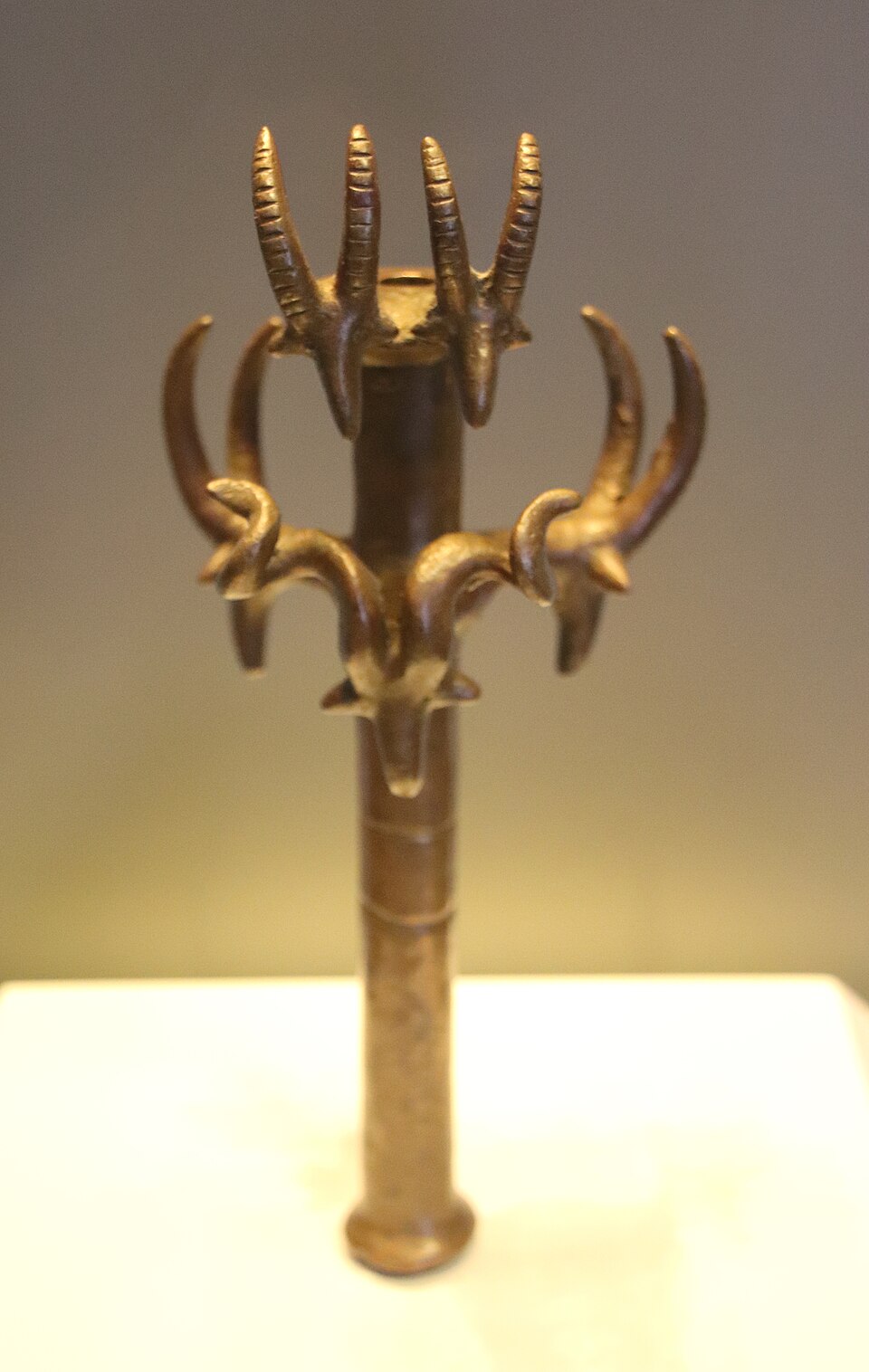 Copper ibex‑headed scepter from the Chalcolithic “Cave of the Treasure” hoard in the Judean Desert.