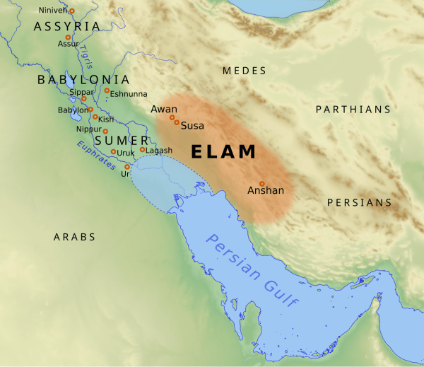 Map showing the ancient Elamite Empire in southwestern Iran and parts of southern Iraq (highlighted in orange) with neighboring regions and approximate boundaries of the Bronze Age Persian Gulf.