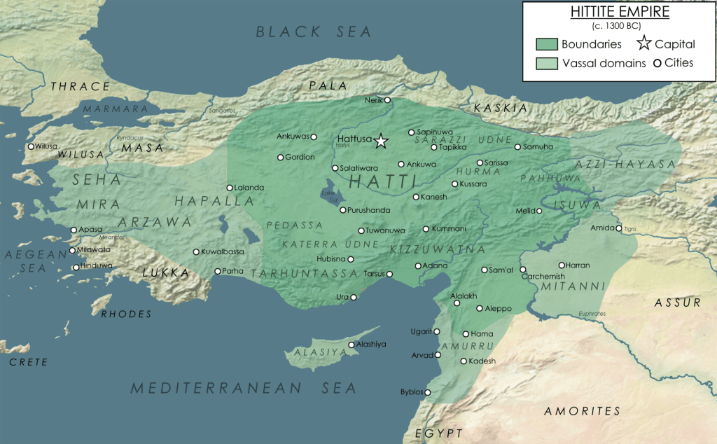 Map showing the extent of the Hittite Empire around the year 1300 BCE, with Hittite territories and vassal states highlighted across Anatolia and neighboring regions.