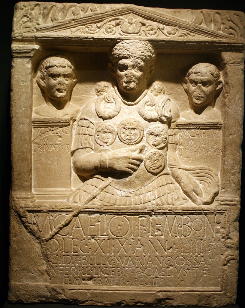 Epitaph stone of Centurion Marcus Caelius, a Roman soldier who died in the Battle of the Teutoburg Forest, showing his portrait and inscription.