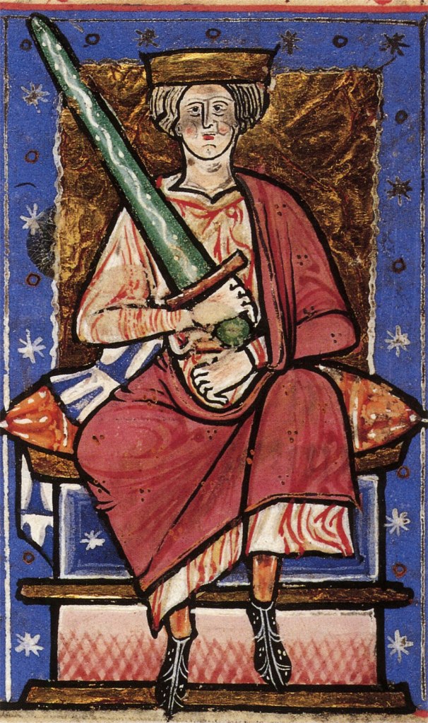 Medieval illuminated portrait of King Æthelred the Unready of England from an early thirteenth‑century manuscript showing the Anglo‑Saxon king in traditional regalia.