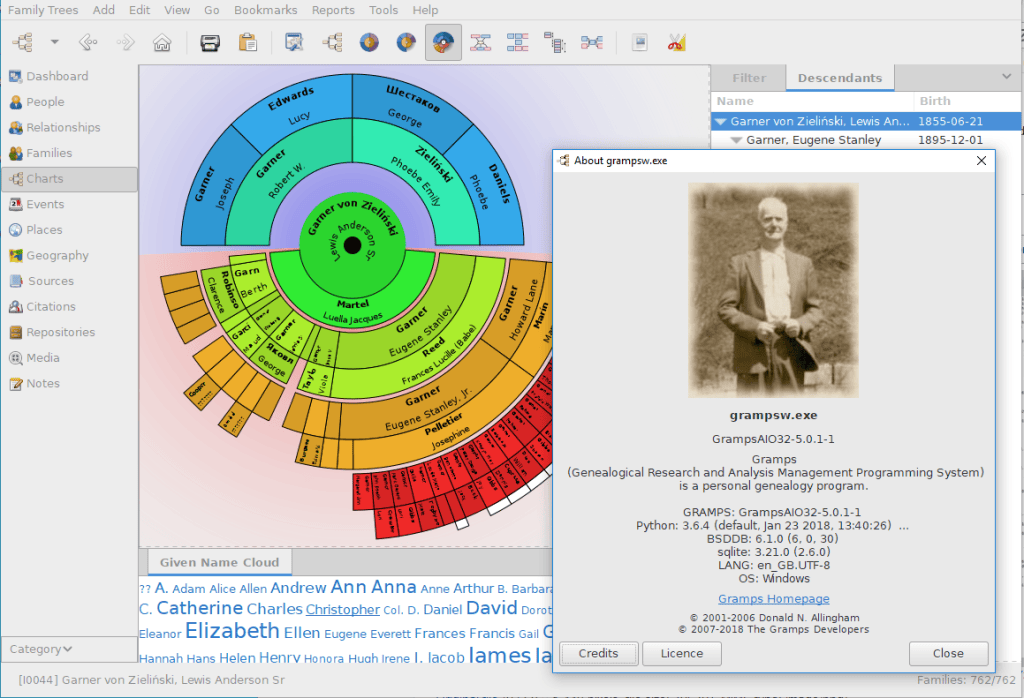 Colorful fan chart showing a person’s ancestors in multiple generations, with names branching outward in a semicircular pattern to represent family relationships.