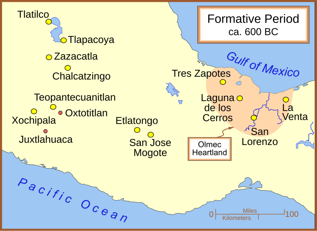 Map of major Formative Era archaeological sites in Mesoamerica around 600 BCE, showing locations of early villages, towns, and artifact finds that illustrate regional development before later civilizations.