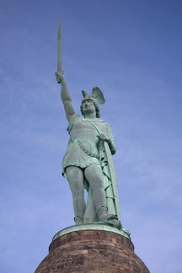 View of the Hermannsdenkmal, a monumental statue in Germany commemorating Arminius (Hermann), leader of the Germanic tribes who defeated Rome at the Battle of the Teutoburg Forest.