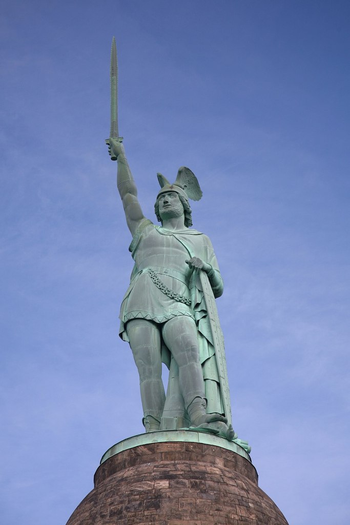 View of the Hermannsdenkmal, a monumental statue in Germany commemorating Arminius (Hermann), leader of the Germanic tribes who defeated Rome at the Battle of the Teutoburg Forest.