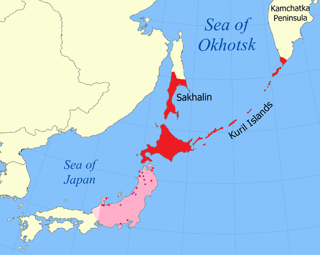 Map showing the historically attested and suspected range of Ainu languages and territories across northern Japan and nearby regions.