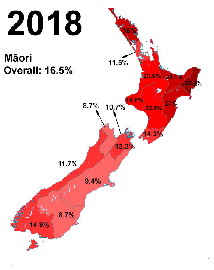 Chart showing the percentage of people in New Zealand who declared Māori ethnicity in the 2018 census.