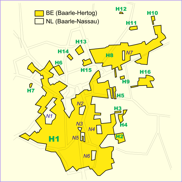 A detailed map showing the complex patchwork border between the Belgian municipality of Baarle-Hertog and the Dutch municipality of Baarle-Nassau, with Belgian exclaves surrounded by Dutch territory and smaller Dutch parcels inside those enclaves, illustrating the unusually interwoven political boundary in this region of Europe.