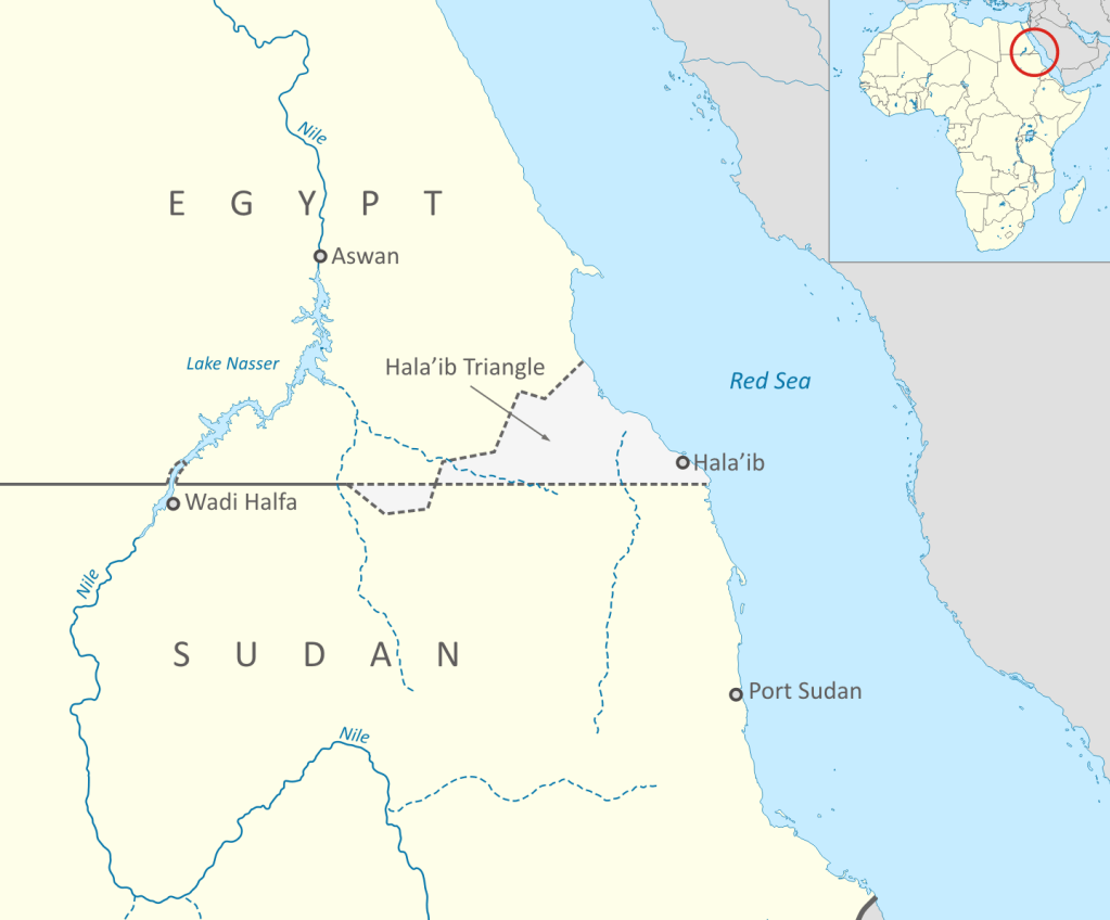 A map showing the location and disputed boundaries of the Halaib Triangle on the Red Sea coast between Egypt and Sudan, highlighting how differing historical border definitions—one set in 1899 and another in 1902—create overlapping claims and adjacent unclaimed land like Bir Tawil.