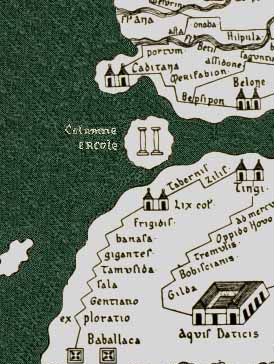A detail from the ancient Tabula Peutingeriana map showing a historical depiction of the Pillars of Hercules, the promontories marking the entrance to the Strait of Gibraltar.