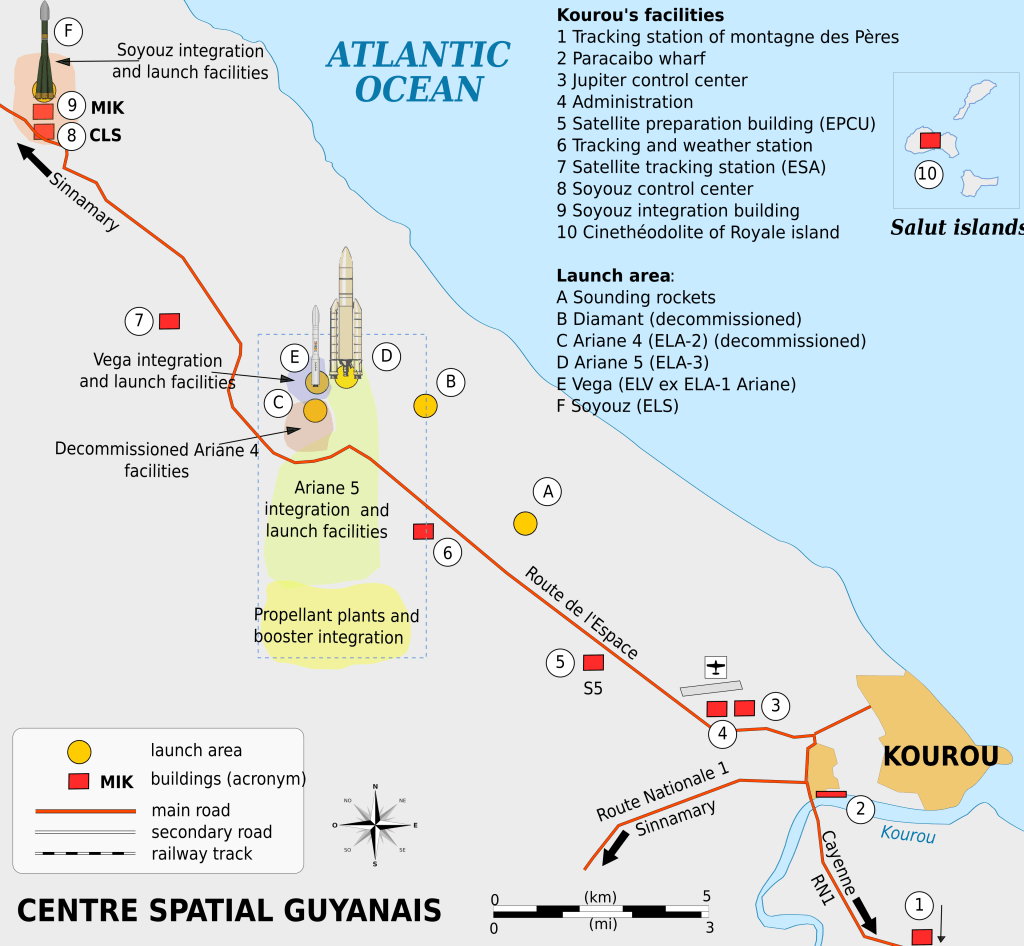 Diagram‑style map showing the layout of launch facilities and infrastructure at the Guiana Space Centre (Centre Spatial Guyanais) in Kourou, French Guiana, with labeled areas for Ariane and Vega rocket launch complexes at Europe’s spaceport.