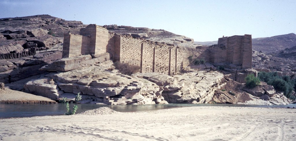 Photograph of the Marib Dam in Yemen, showing the 20th-century structure built near the site of the ancient Sabaean waterworks that supported irrigation and agriculture in the Kingdom of Saba.