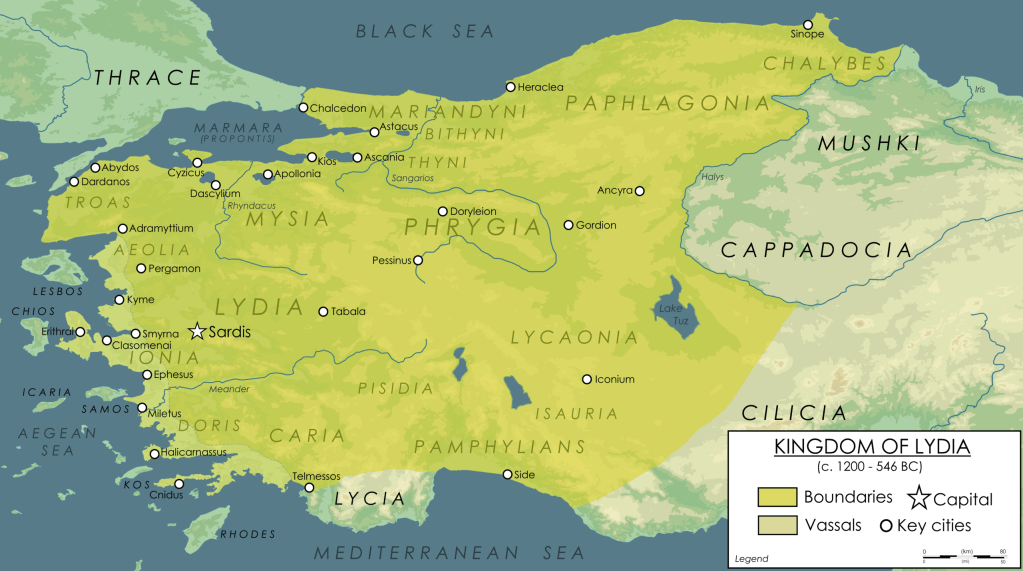 Map showing the Kingdom of Lydia at its greatest extent in western Anatolia during the late reign of King Croesus, with borders stretching from the Aegean coast into inland Asia Minor and the Halys River frontier marking the eastern limits of the realm.