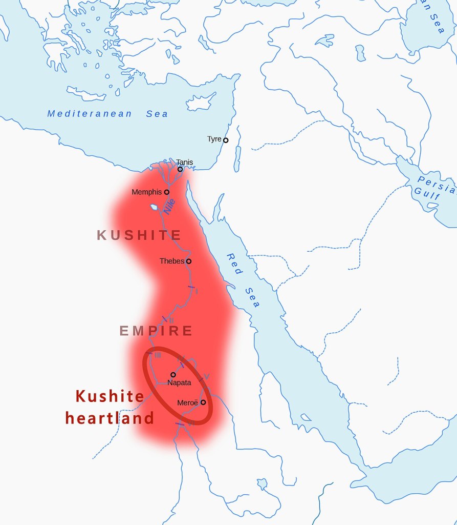 Map showing the Kushite heartland and the extent of the Kushite Empire during the 25th Dynasty (around 700 BCE), including Nubia and its expansion into Egypt and surrounding regions.