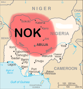 Map showing the approximate territory of the Nok culture in ancient West Africa, highlighting the region in central Nigeria where the Nok people lived and created terracotta art and early iron tools.